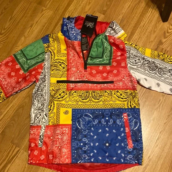 NWT Bleecker & Mercer patchwork printed multicolored 3/4 zippered jacket men Sm - Picture 1 of 10